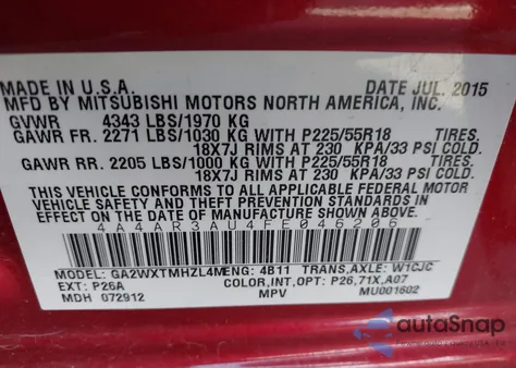 2015 Mitsubishi Outlander Sport Es from USA, damaged, VIN 4A4AR3AU4FE046206